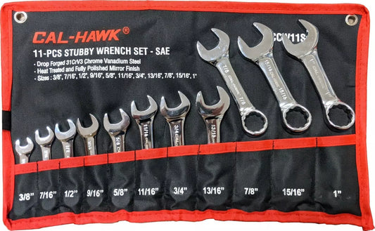 11 pc Stubby SAE midget Combination CRV Wrench Set 3/8"-1" with Canvas Pouch