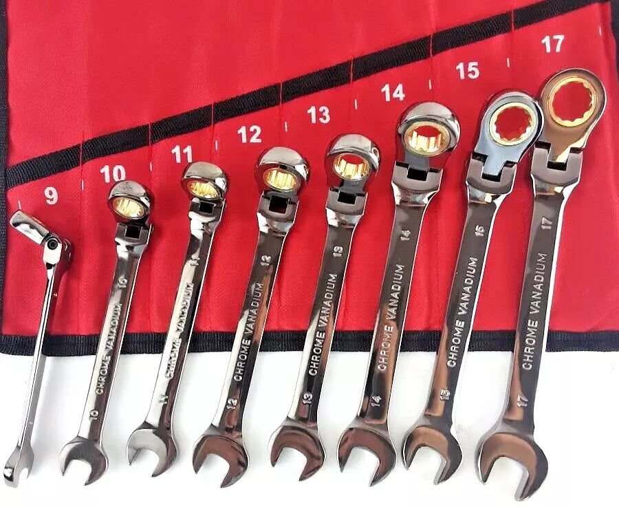 8-PC FLEX HEAD RATCHET OPEN END COMBINATION WRENCH CR-V NICKEL PLATED 9-17MM SET