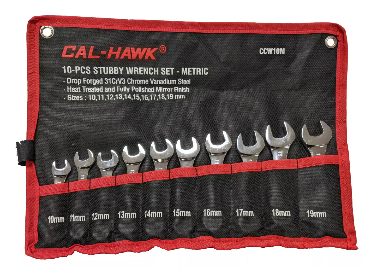 10 pc Stubby Metric Combination CRV Wrench Set 10 - 19mm Canvas Pouch