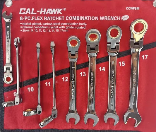 8-PC FLEX HEAD RATCHET OPEN END COMBINATION WRENCH CR-V NICKEL PLATED 9-17MM SET