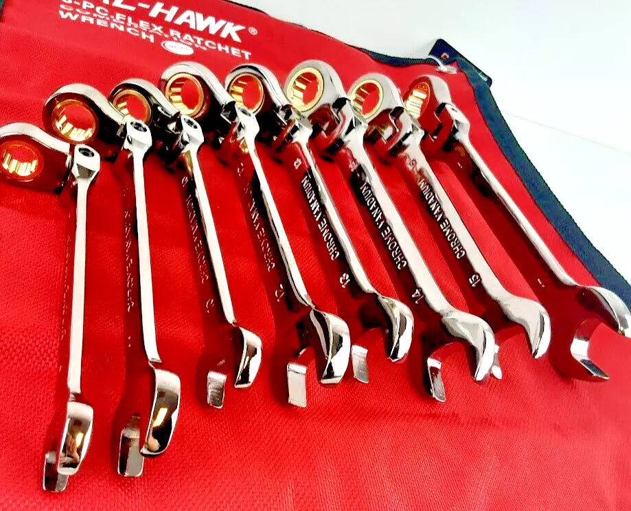 8-PC FLEX HEAD RATCHET OPEN END COMBINATION WRENCH CR-V NICKEL PLATED 9-17MM SET