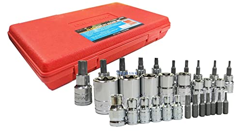 32-Pc Cal-Hawk 1/2" 3/8" 1/4" Dr S-2 Star E-Torx External Bit Socket Set E4-E24 CrV