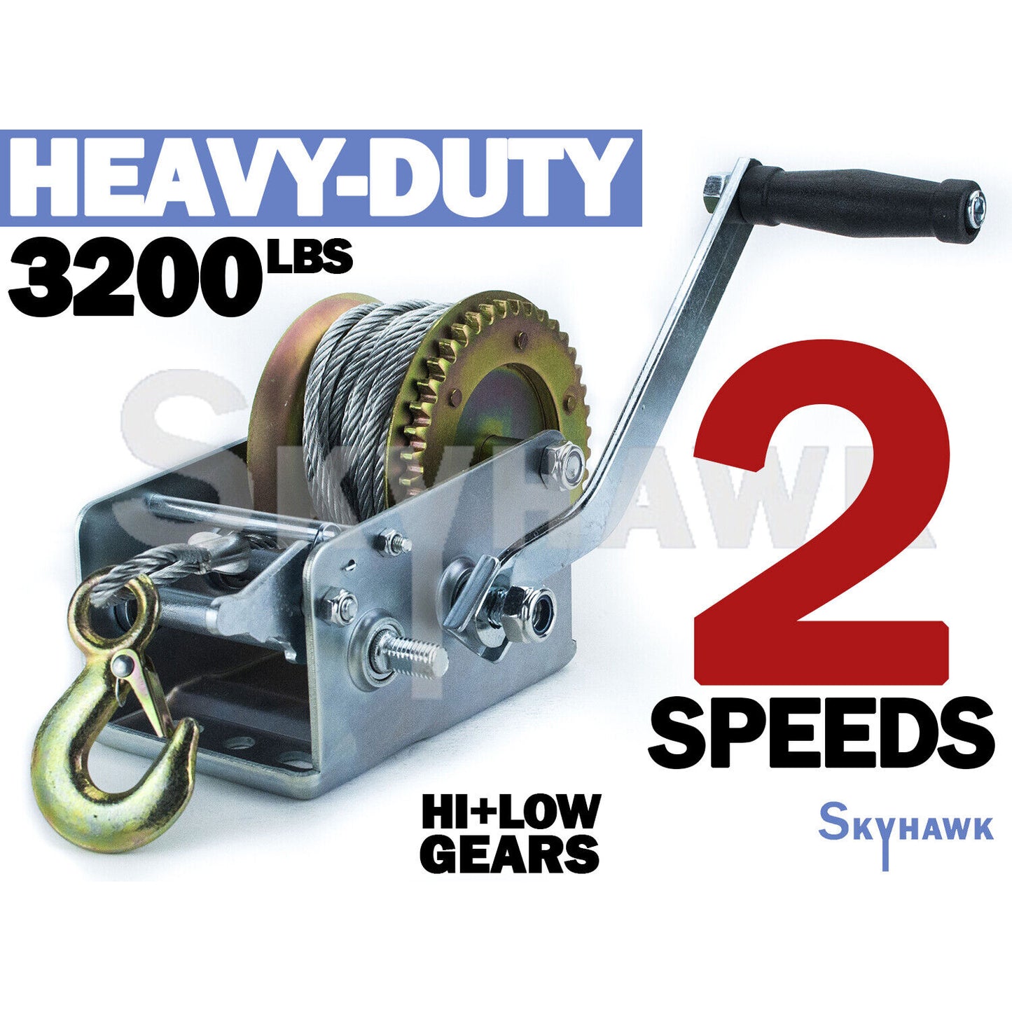 CALHAWK 3200lbs Dual Gear Hand Winch Hand Crank Manual Boat ATV RV Trailer 32ft Cable - skyhawktools