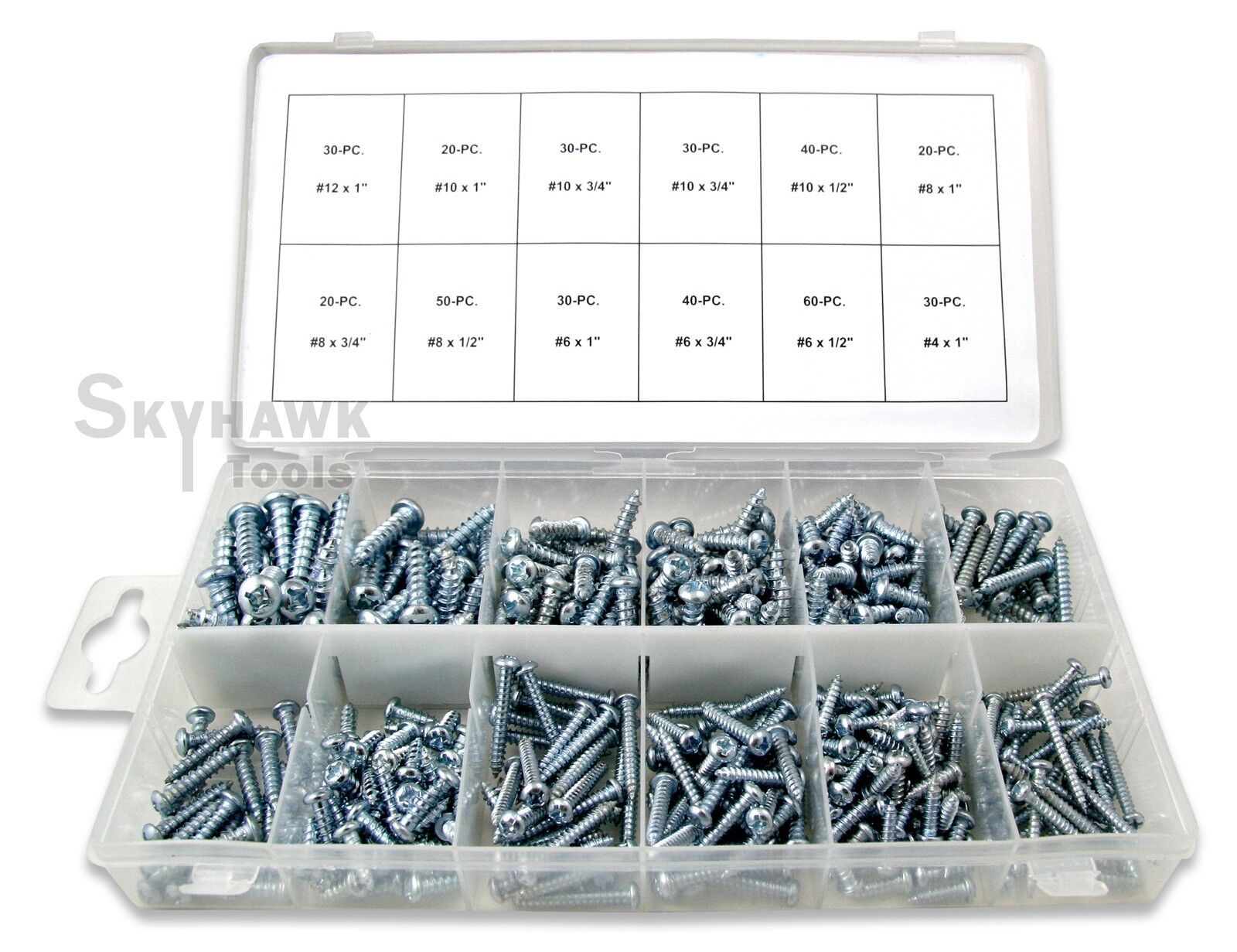 400-pc Self-Tapping Sheet Metal Screw Assortment #4, 6, 8, 10, 12 x 1/2, 3/4, 1" - skyhawktools