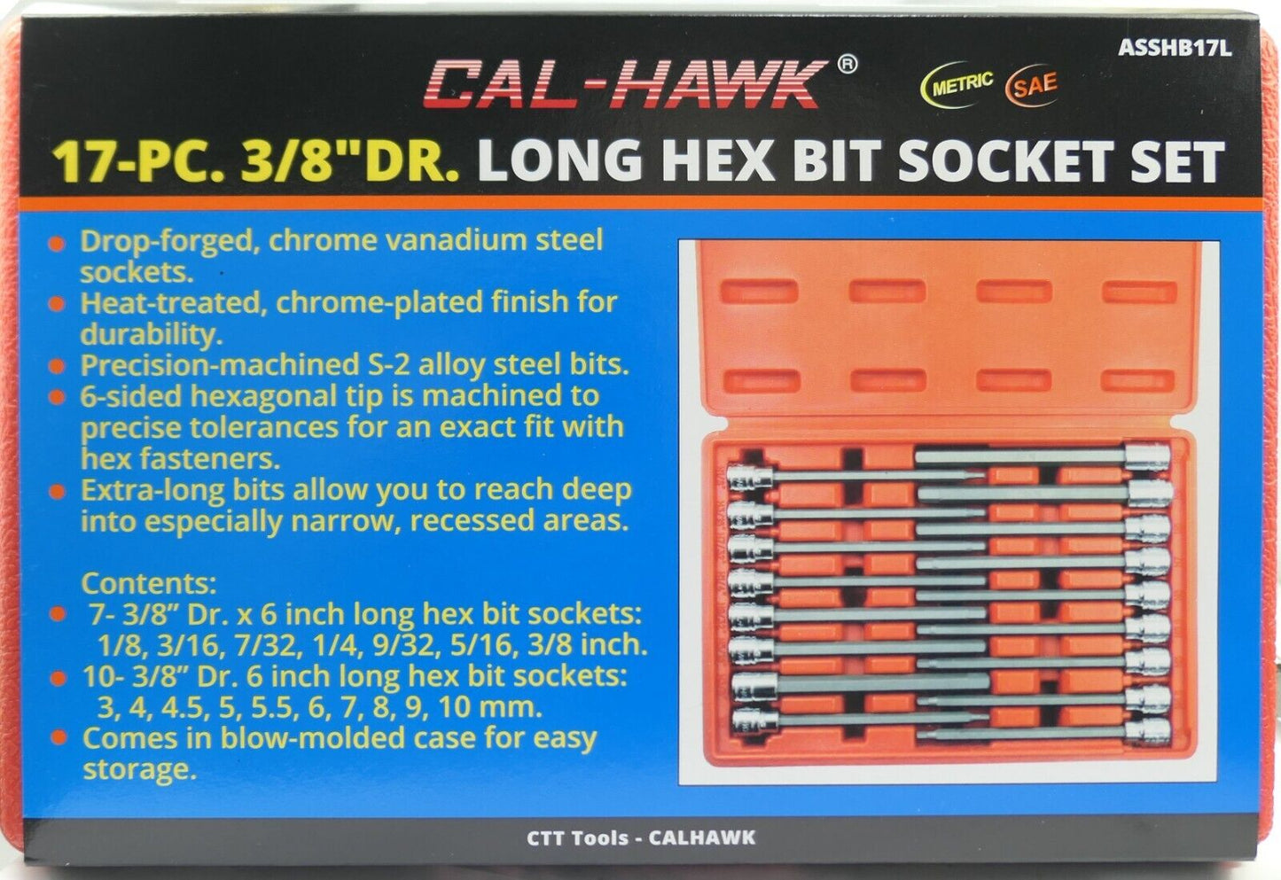 3/8 Inch Drive Long Hex Bit Socket Set (17-Piece - SAE / Metric)