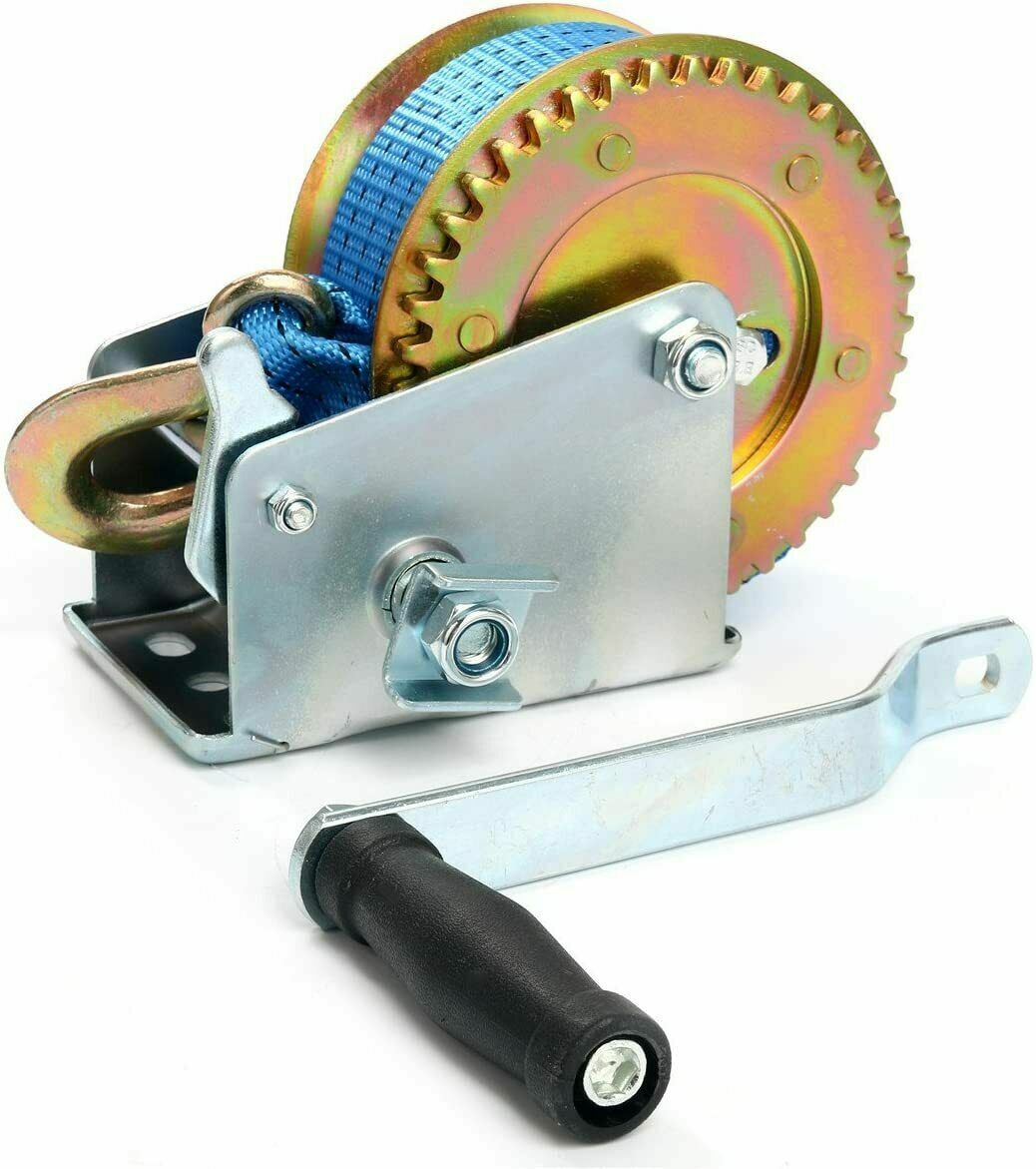 1000lb Boat Winch 26ft(8m) Polyester Strap Gear Ratio 4:1 Hand Crank Tow RV ATV