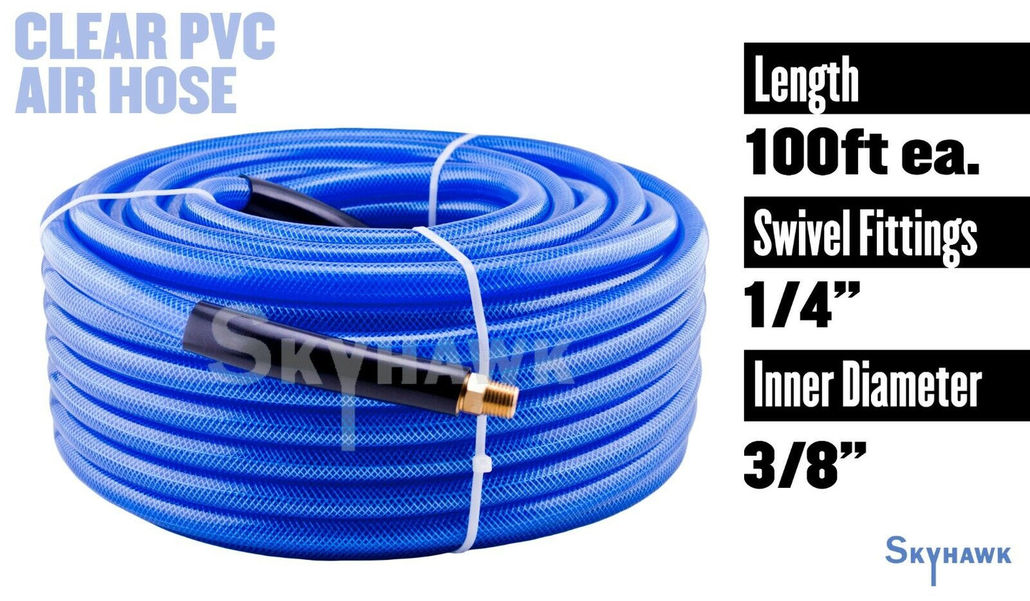 100' X 3/8" Air Hose 100 FT FLEXIBLE CLEAR BLUE PVC AIR HOSE 1/4" NPTM 200 PSI