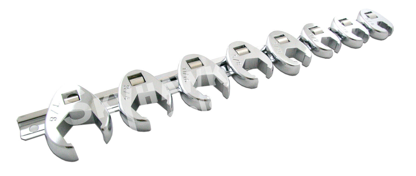 8pc 3/8"-drive SAE Flare Nut CROWFOOT WRENCH SET w Snap-on Snap-off Storage Rail - skyhawktools