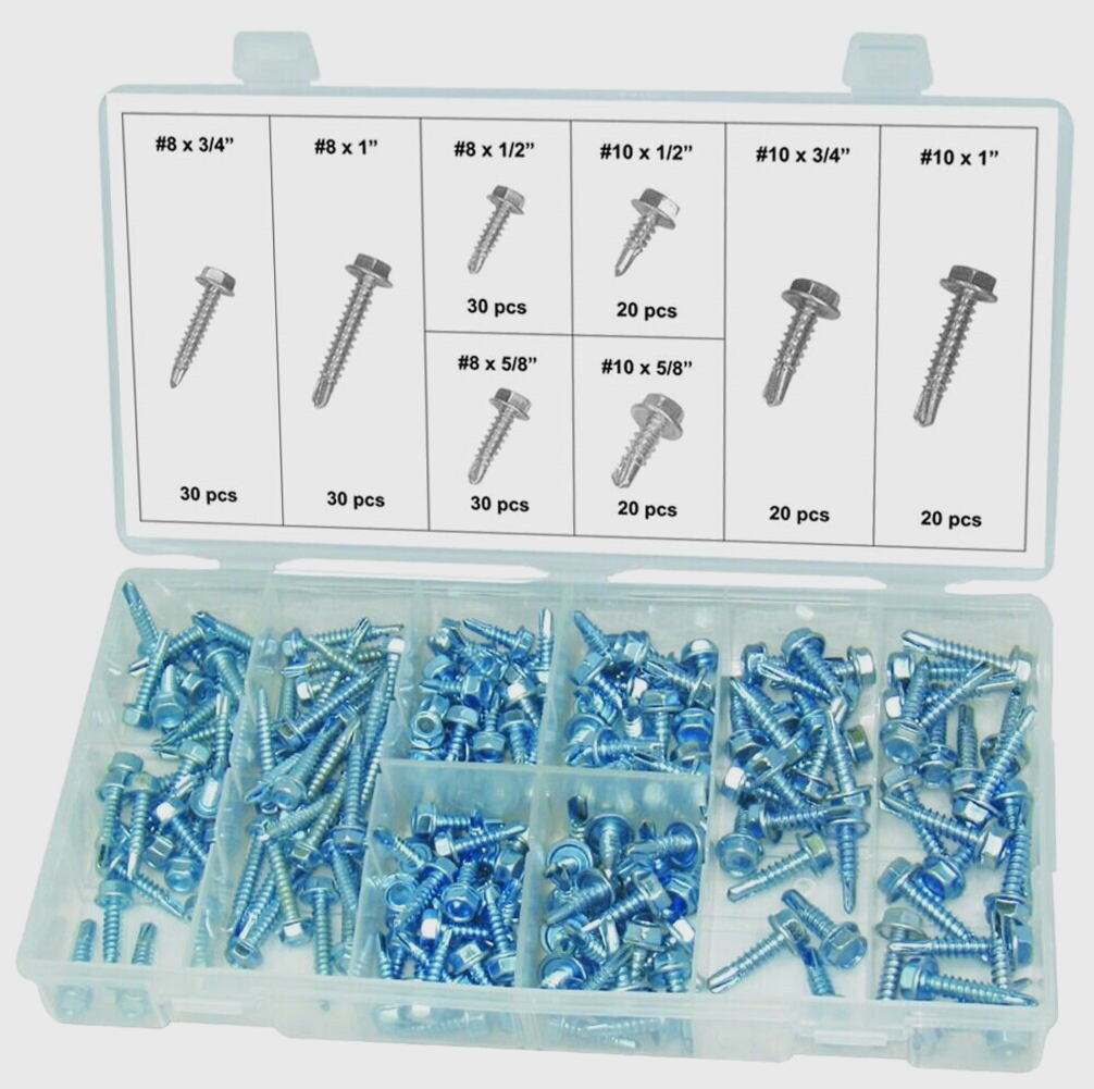 200 PC Self-Drilling/Tapping Hex Washer Head Metal Screw Assortment #8, 10 (SAE)