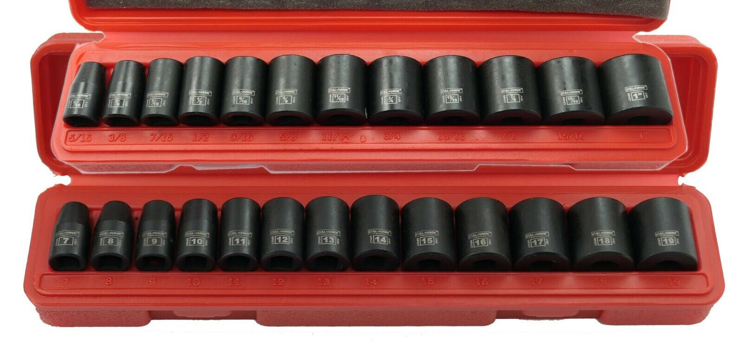 25pc 3/8" Dr. 6 POINT Metric SAE Standard Impact Socket Chrome Vanadium CRV Set