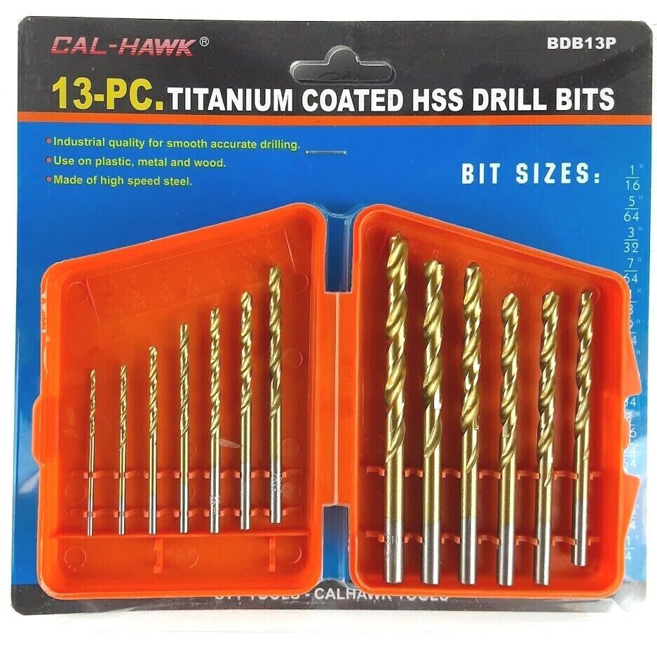 13-PC. Titanium Coated Assortment HSS Drill Bits 1/16"- 1/4"