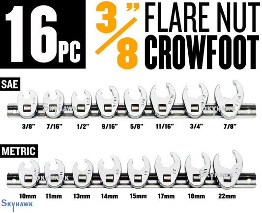 16PC 3/8 FLARE NUT CROWFOOT WRENCH SET WITH HOLDER - SAE+METRIC