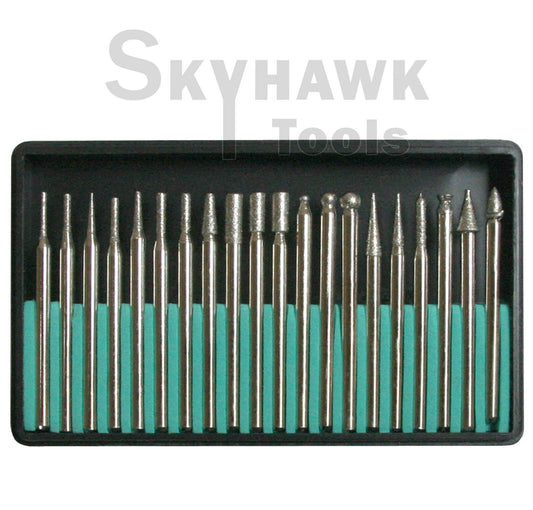 New DIAMOND BURS 20PC SET 1/8ö SHANK DIAMOND COATED LAPIDARY BITS ROTARY POINTS - skyhawktools