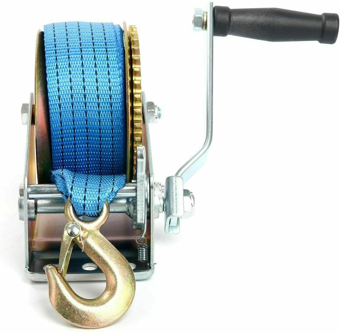 1000lb Boat Winch 26ft(8m) Polyester Strap Gear Ratio 4:1 Hand Crank Tow RV ATV