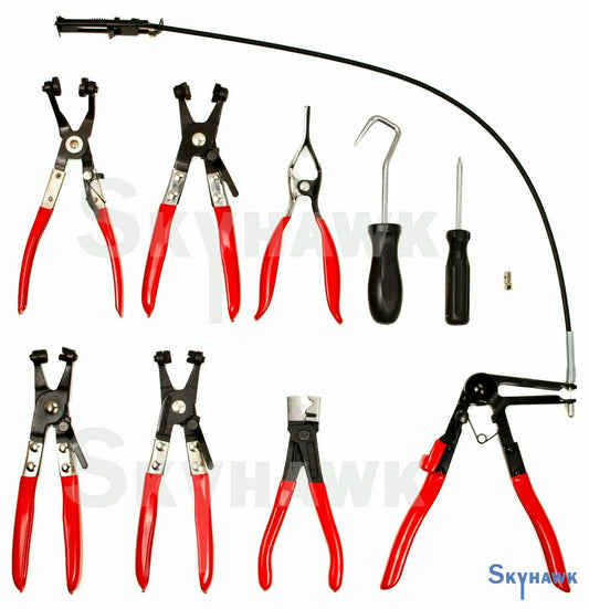 9 PC MECHANIC'S HOSE CLAMP RING PLIERS TOOL SET FLEXIBLE CABLE SWIVEL JAW CLAMP