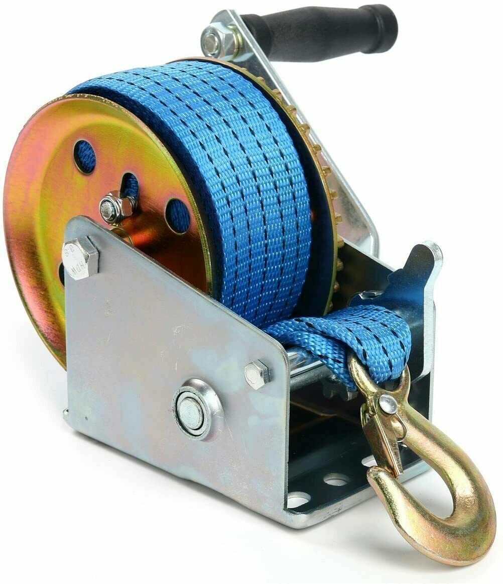 1000lb Boat Winch 26ft(8m) Polyester Strap Gear Ratio 4:1 Hand Crank Tow RV ATV