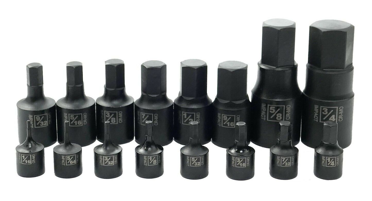 1/4 Inch / 3/8 Inch / 1/2 Inch Drive Hex Bit Impact Socket Set (16-Piece - SAE) - skyhawktools