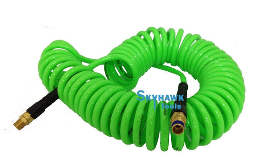 Cal-Hawk 1/4" x 30 foot POLYURETHANE RE COIL AIR HOSE male SWIVEL Fittings GREEN recoil - skyhawktools