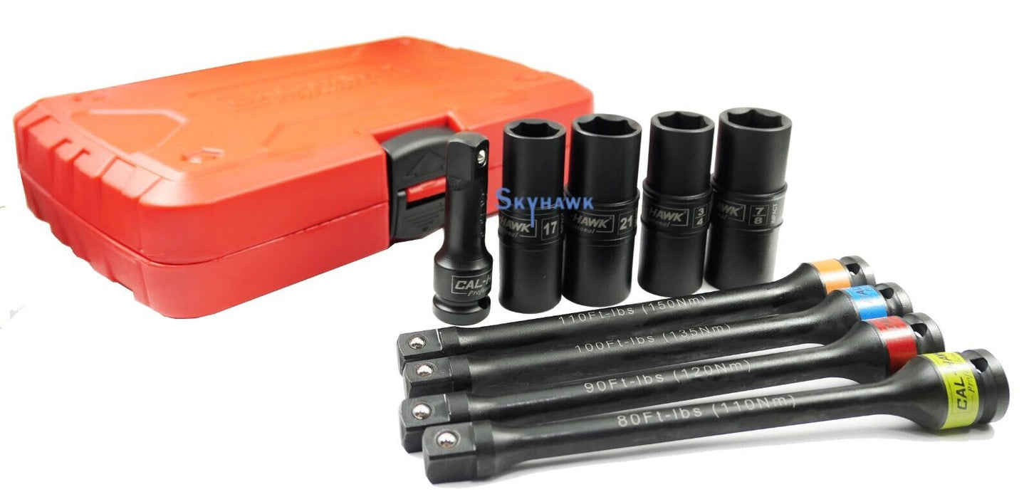 9-pc 1/2"Dr  Flip Impact Lug Nut Socket Metric/SAE with Torque Extension Bar Set