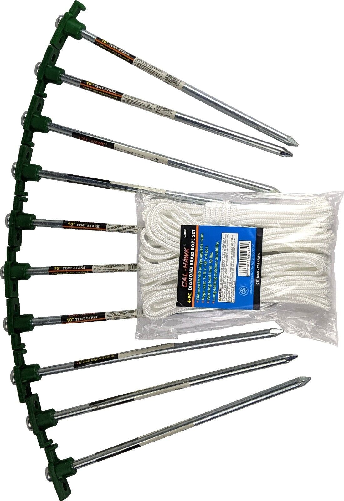 10pc-Pack Carbon Steel Tent Stakes with  4x10ft Ropes