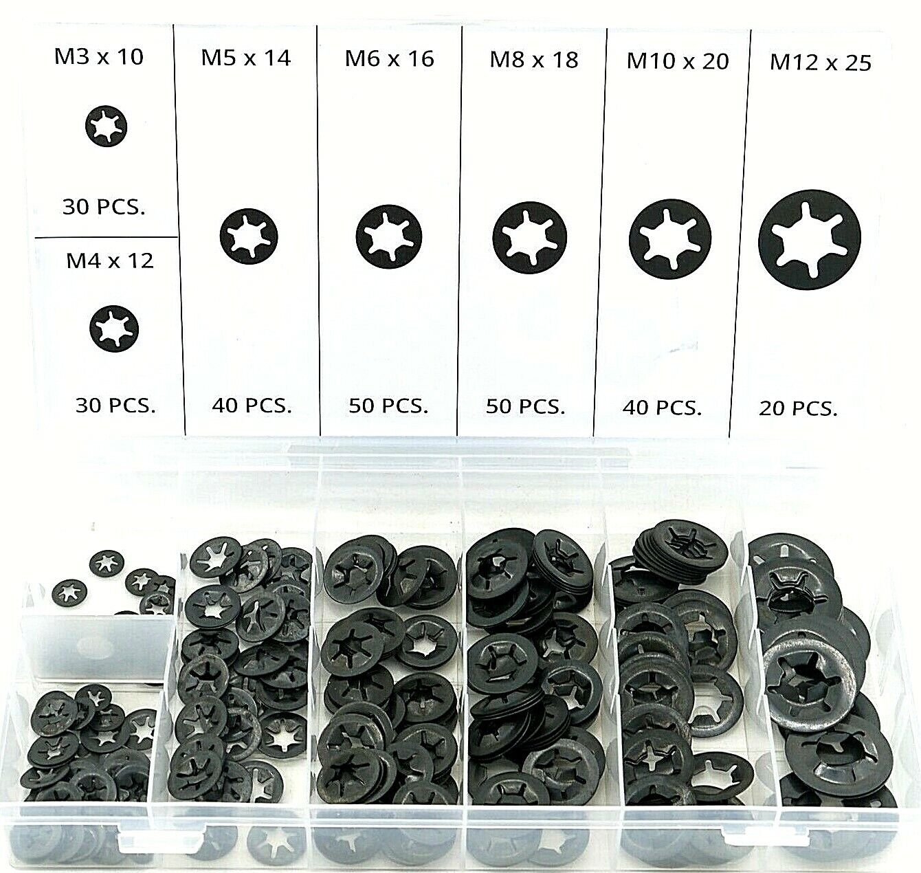 260-Pc Internal Tooth Star Lock Spring Quick Washer Push On Speed Nut Assortment