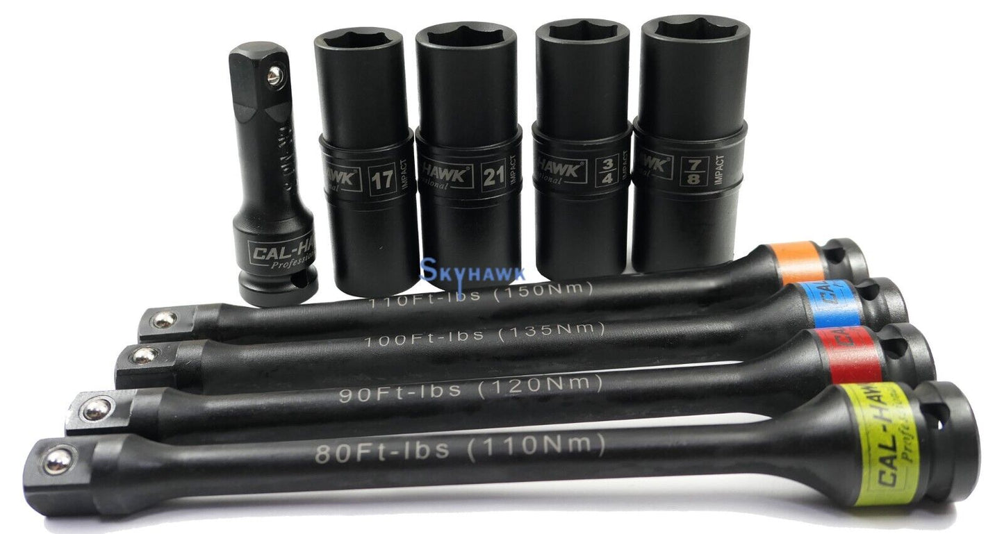 9-pc 1/2"Dr  Flip Impact Lug Nut Socket Metric/SAE with Torque Extension Bar Set