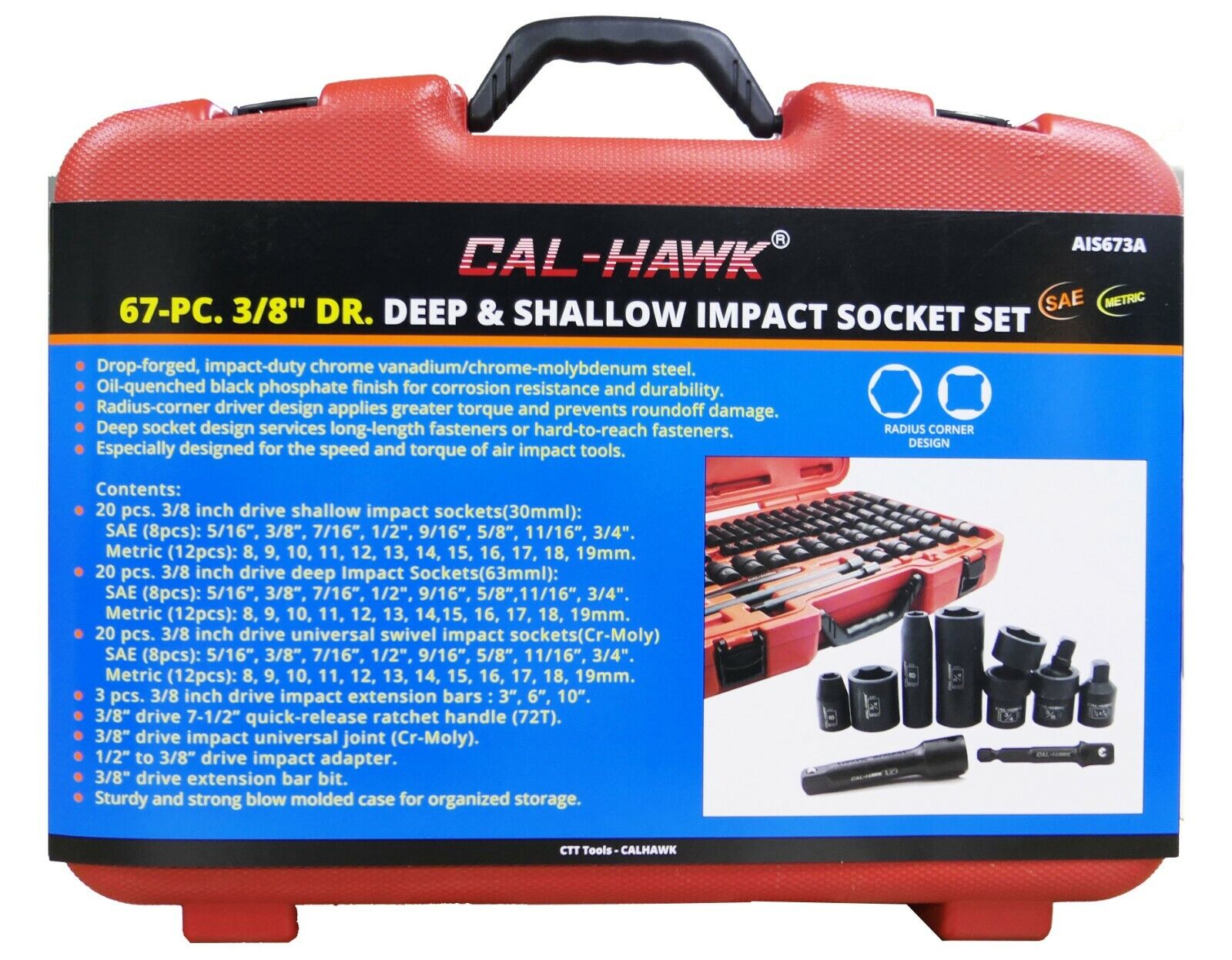 3/8 Inch Drive Deep / Standard Impact Socket Set (67 Piece - SAE / Metric) - skyhawktools