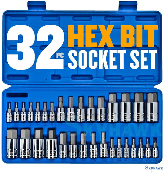 1/4 Inch / 3/8 Inch / 1/2 Inch Hex Bit Socket Set (32-Piece - SAE / Metric)