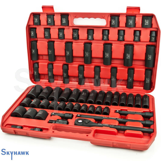 1/2 Inch Drive Deep / Standard Impact Socket Set (65-Piece - SAE / Metric) - skyhawktools