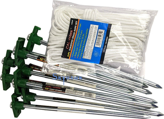 10pc-Pack Carbon Steel Tent Stakes with  4x10ft Ropes