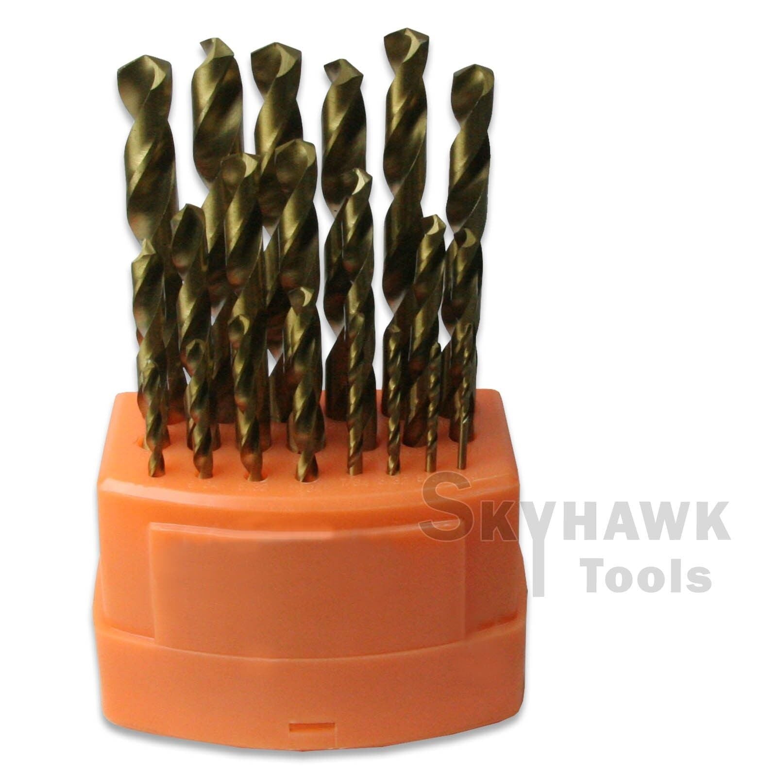 The 21 pc hss titanium drill is constructed with high speed steel, coated in titanium and available in sizes ranging from 1/16" to 3/8". This versatile drill is suitable for use on wood, plastic, and metal materials.