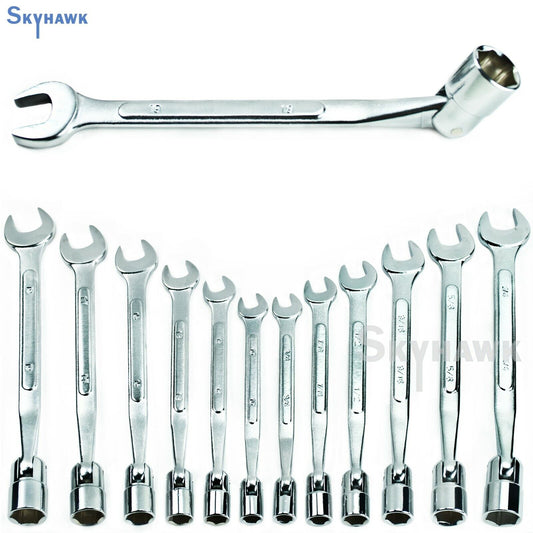 12pc Flex Flexible Head Double Ended Socket Spanner & Open Wrench Set Metric/SAE