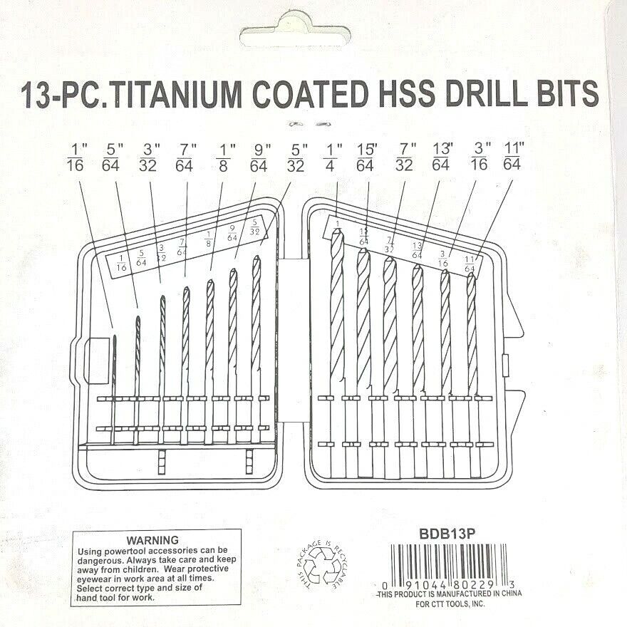 13-PC. Titanium Coated Assortment HSS Drill Bits 1/16"- 1/4"